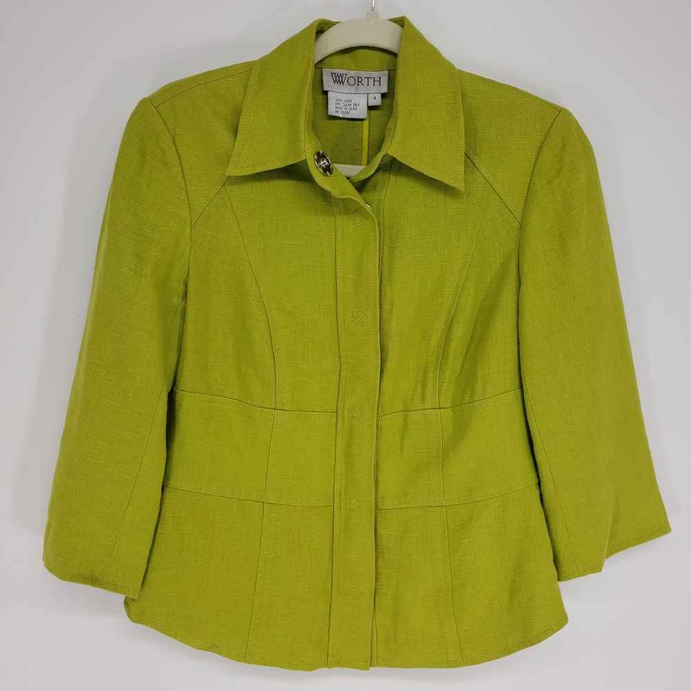Worth 100% Linen Button Front Blazer Jacket Women Size 4 Green 3/4 Sleeve Seamed